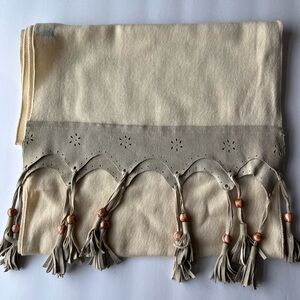 Angelica Accessories Cream and Tan Scarf with Tassels 13”W x 78”L